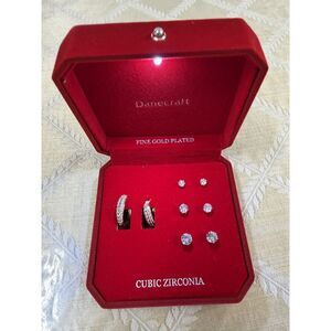 New in Box DANECRAFT 4 Pairs Round CZ Clear Hoop & Studs Post Earrings SET